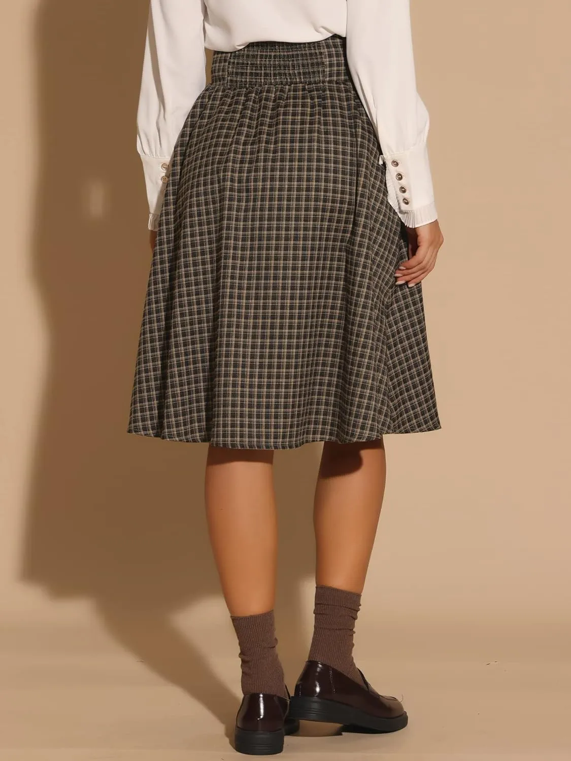 Allegra K Vintage Plaid Skirt for Women's Belted A-Line Midi Skirt