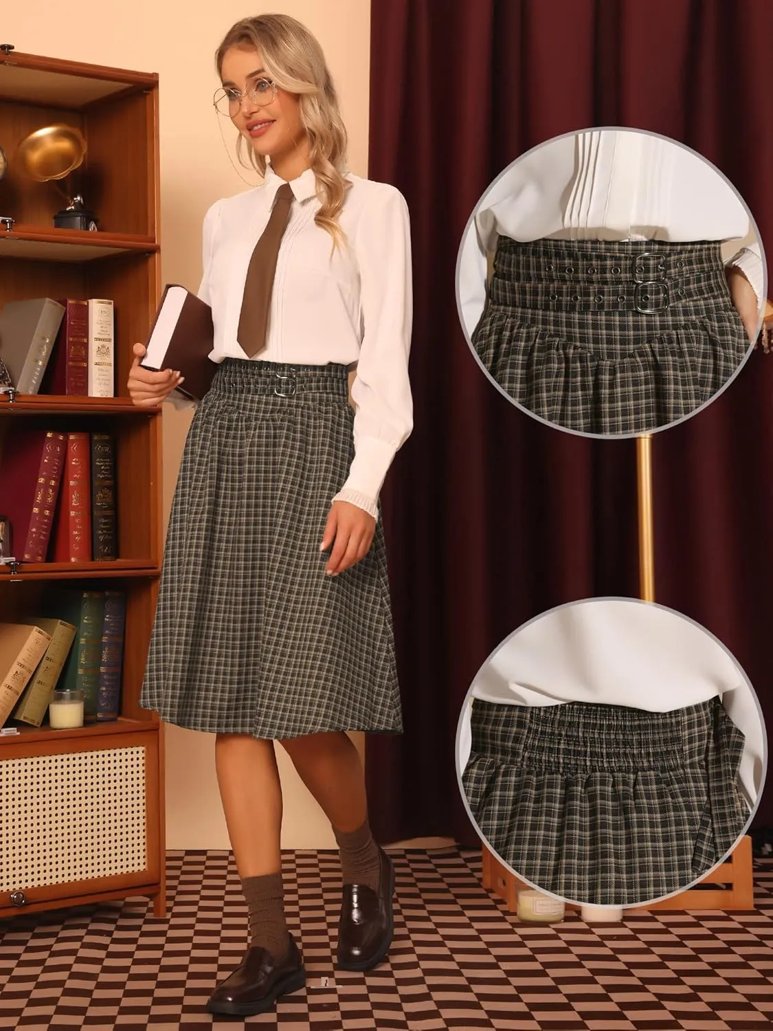 Allegra K Vintage Plaid Skirt for Women's Belted A-Line Midi Skirt
