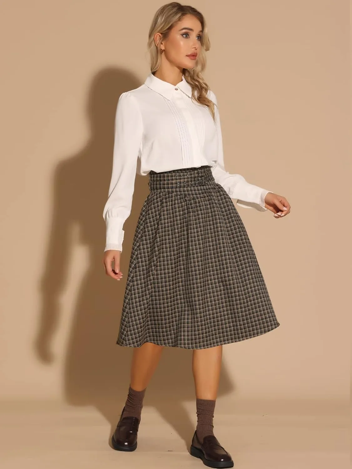 Allegra K Vintage Plaid Skirt for Women's Belted A-Line Midi Skirt