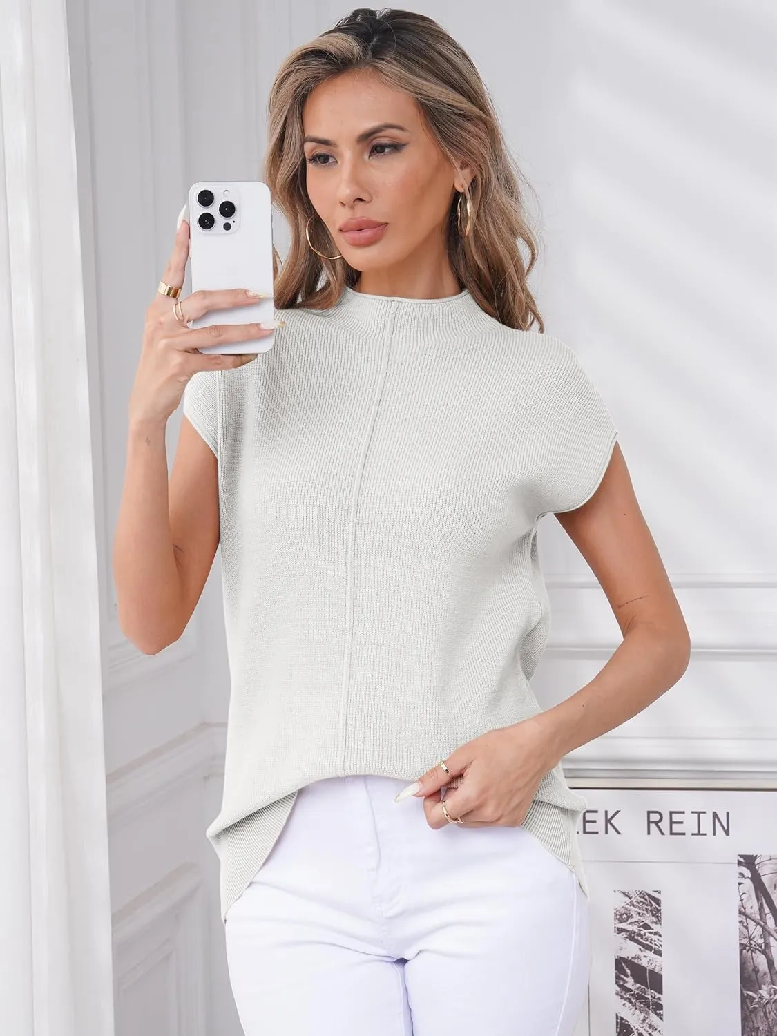 Anbech Women's Mock Neck Sleeveless Sweater Vest Cap Sleeve Knit Summer Tank Tops