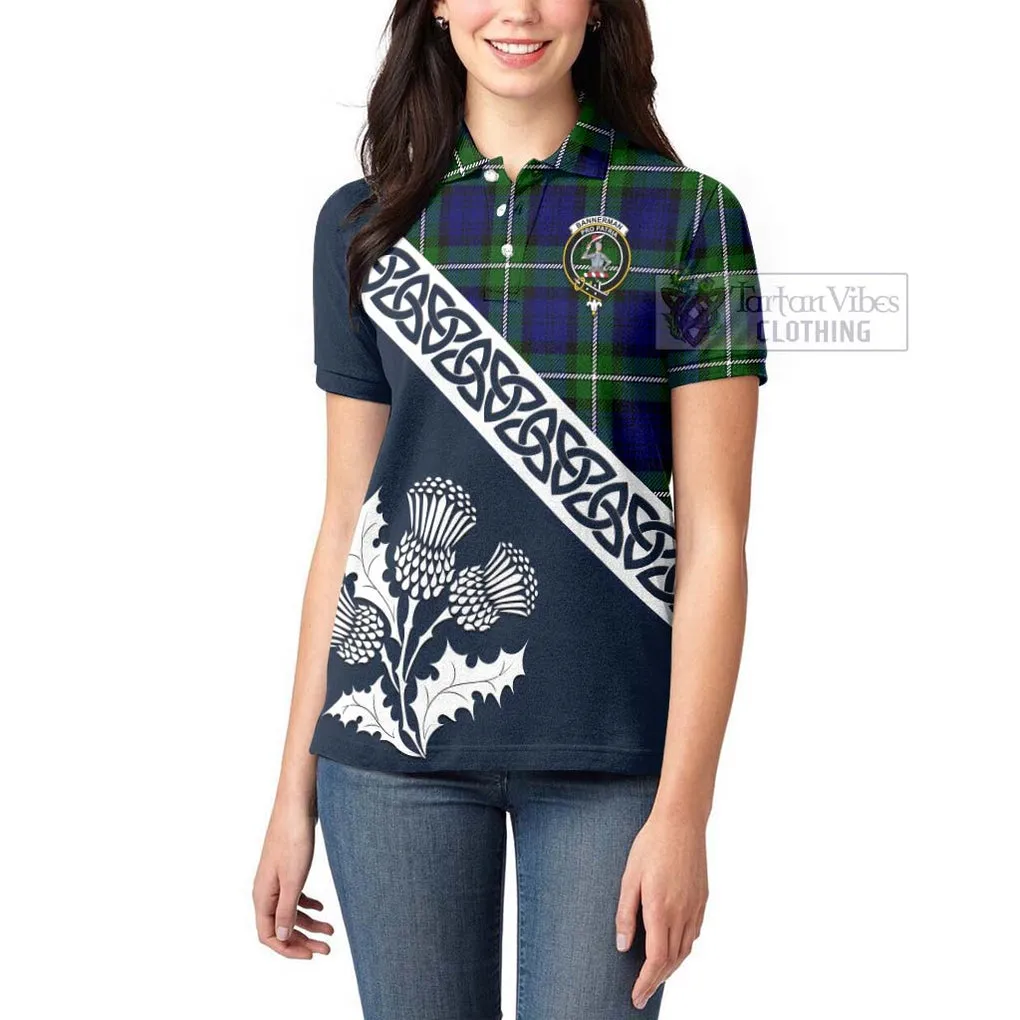 Bannerman Tartan Women's Polo Shirt Featuring Thistle and Scotland Map