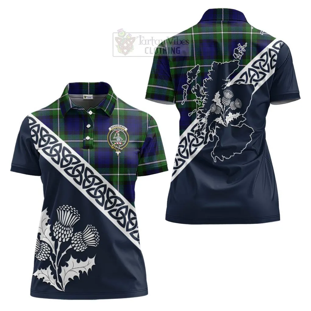 Bannerman Tartan Women's Polo Shirt Featuring Thistle and Scotland Map