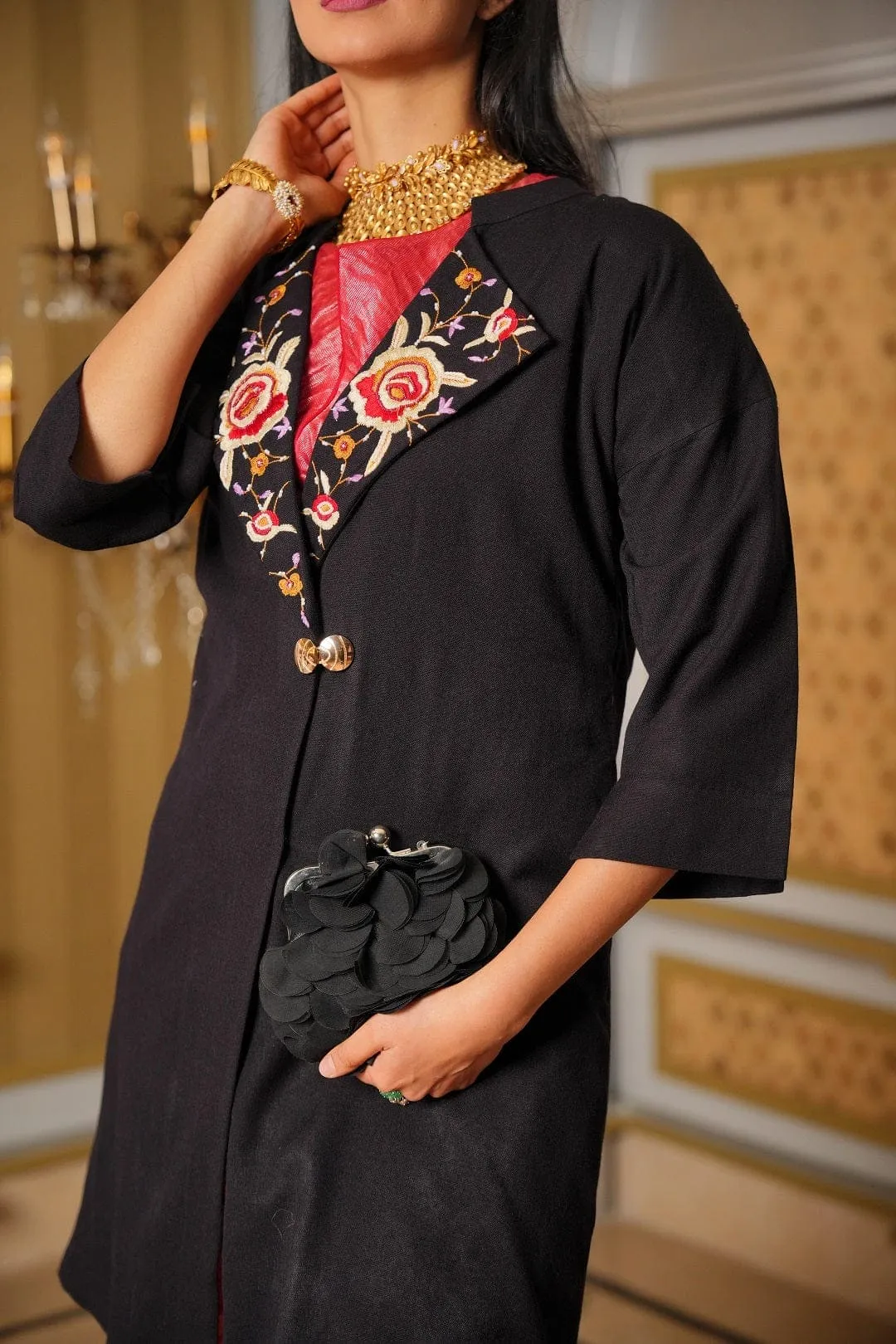 Black Wollen Coat Parsi  Embroidered Jacket