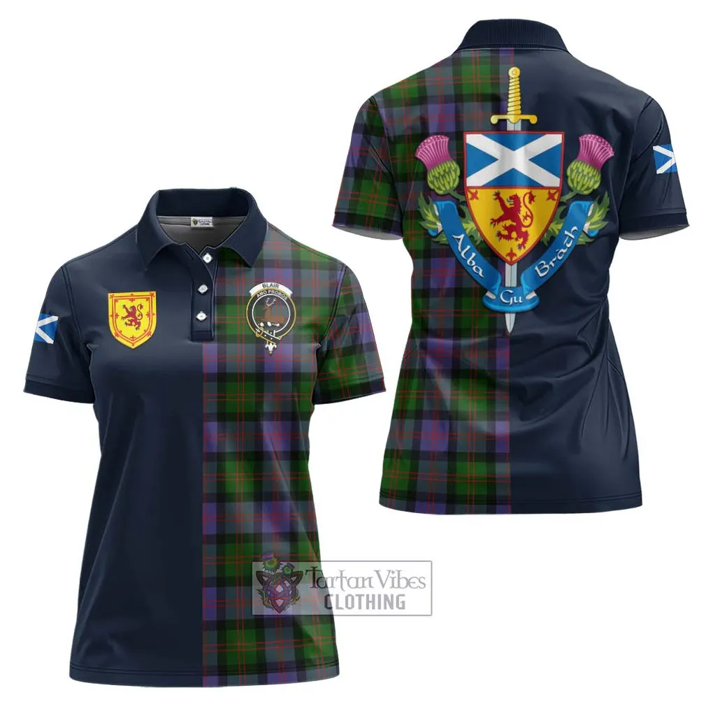Blair Modern Tartan Women's Polo Shirt Alba with Scottish Lion Royal Arm Half Style