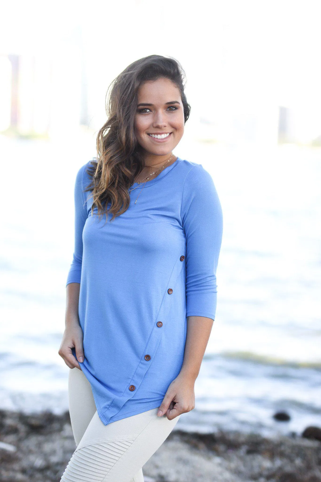 Blue Top With ¾ Sleeves and Buttons