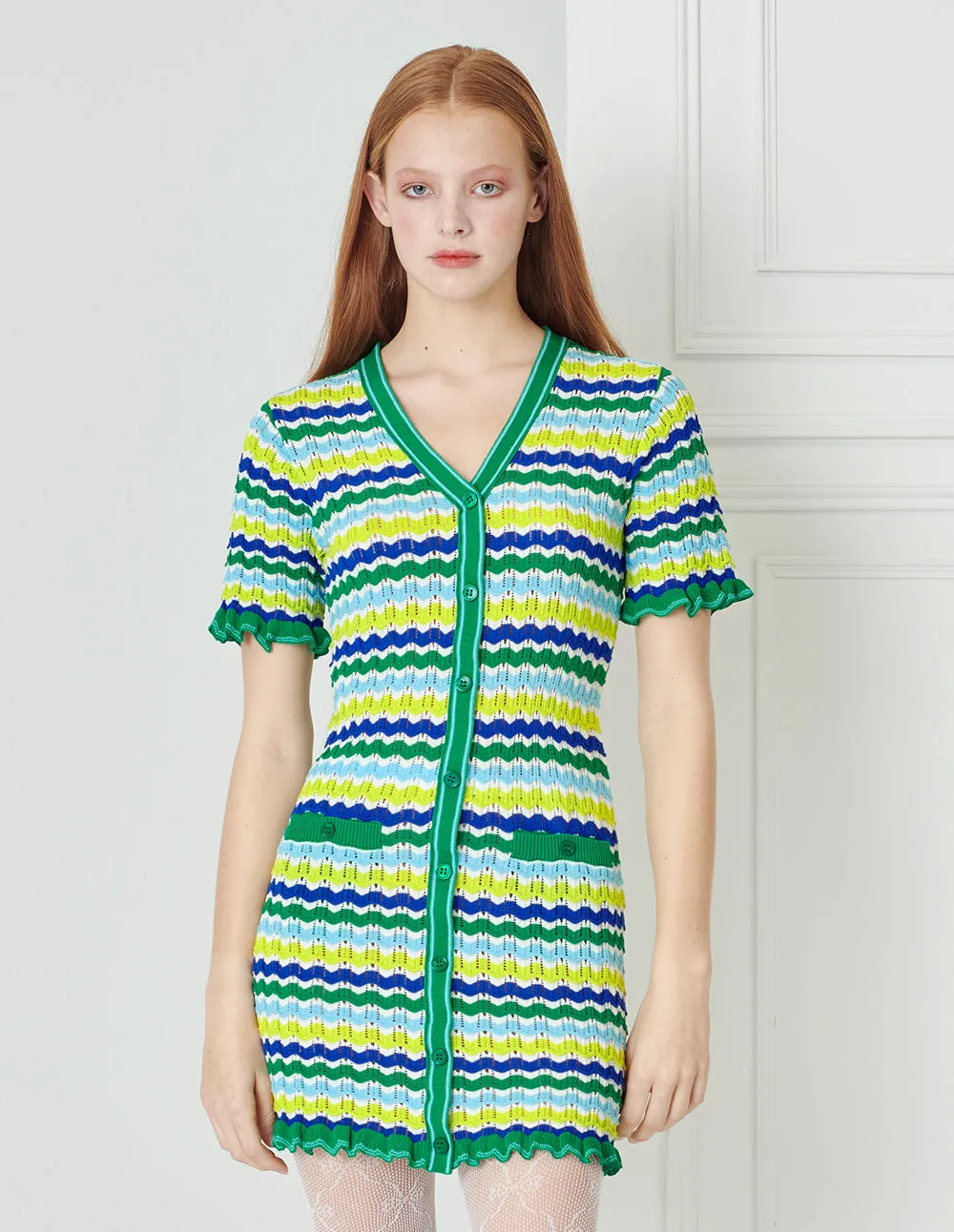BORA AKSU Forest Green Mixed Stripe Knit Dress