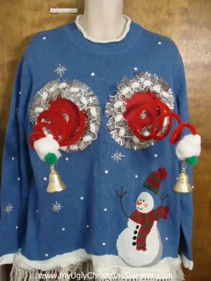 Bright Blue Naughty Ugly Christmas Sweater with Snowman