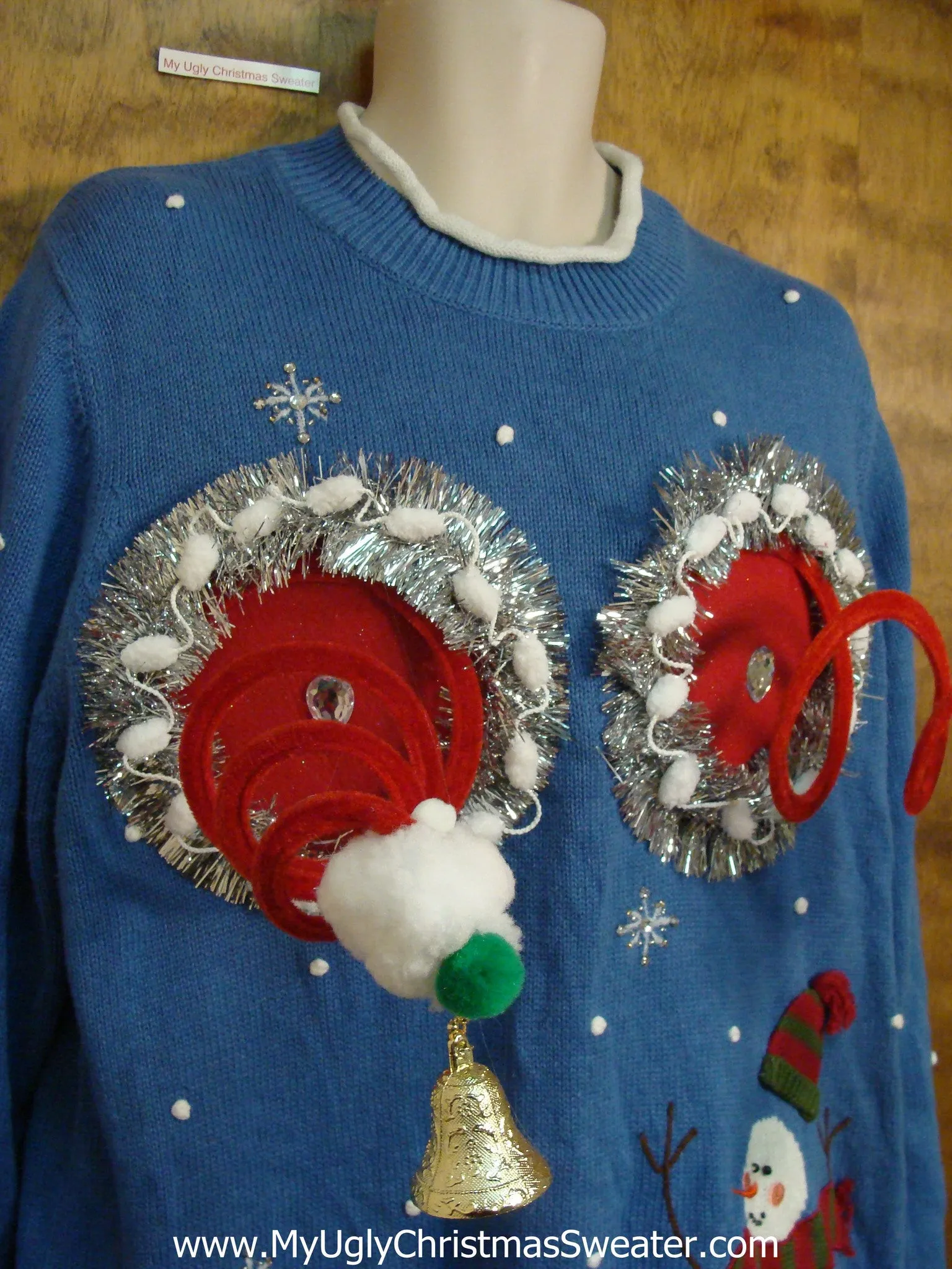 Bright Blue Naughty Ugly Christmas Sweater with Snowman