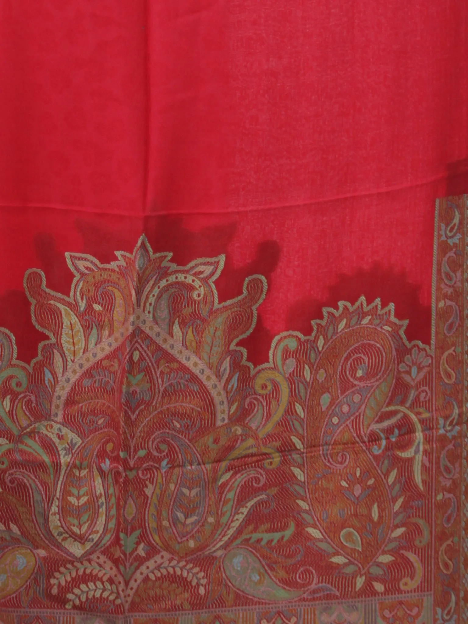 Bright Red Multi Color Paisly Weaved Border Silk Wool Kashmiri Stole - S200569