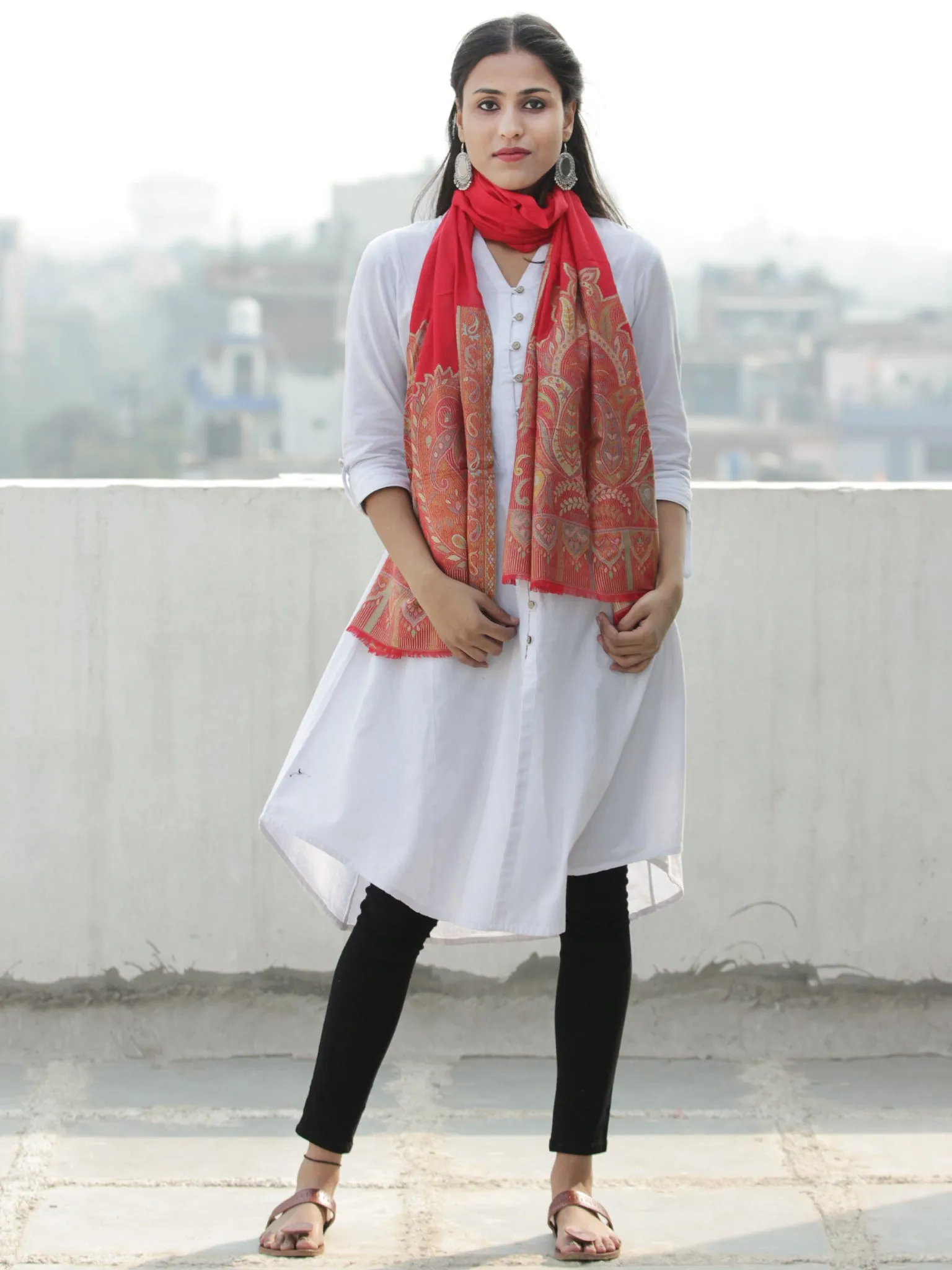 Bright Red Multi Color Paisly Weaved Border Silk Wool Kashmiri Stole - S200569