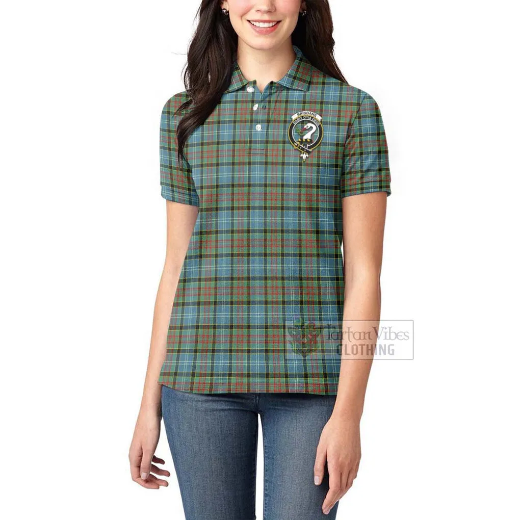 Brisbane Tartan Women's Polo Shirt with Family Crest and Bearded Skull Holding Bottles of Whiskey
