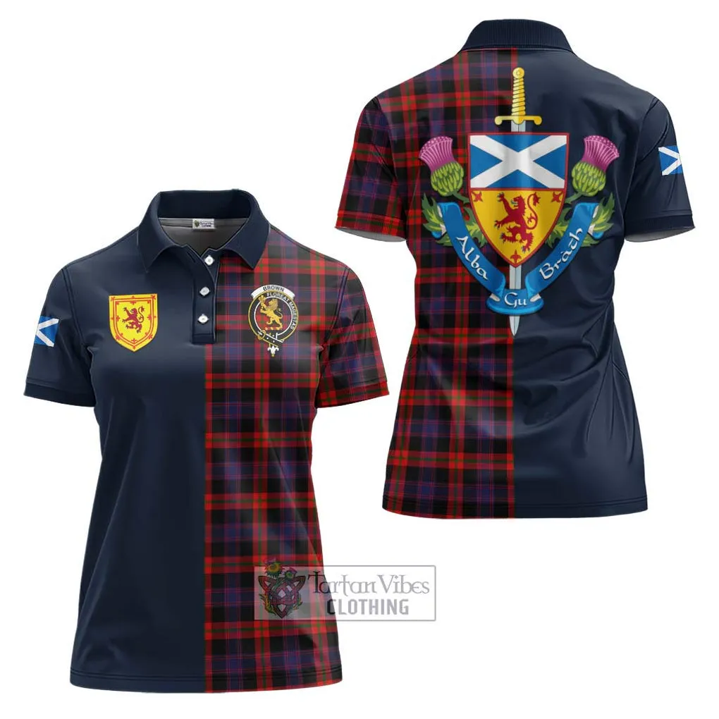 Brown (Broun) Tartan Women's Polo Shirt Alba with Scottish Lion Royal Arm Half Style