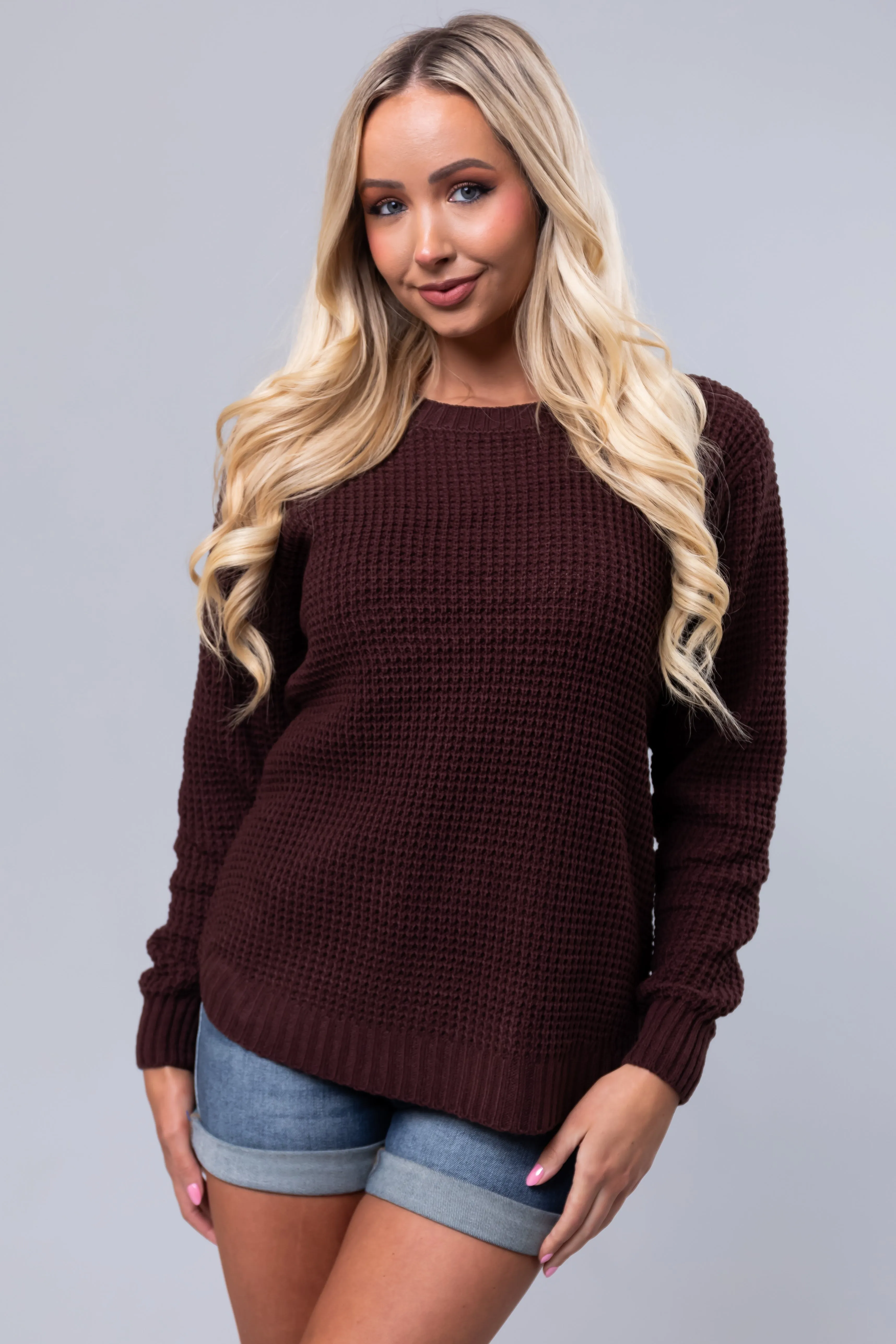 Chocolate Thick Waffle Knit Curved Hem Sweater