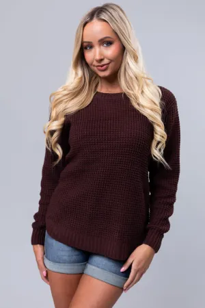 Chocolate Thick Waffle Knit Curved Hem Sweater
