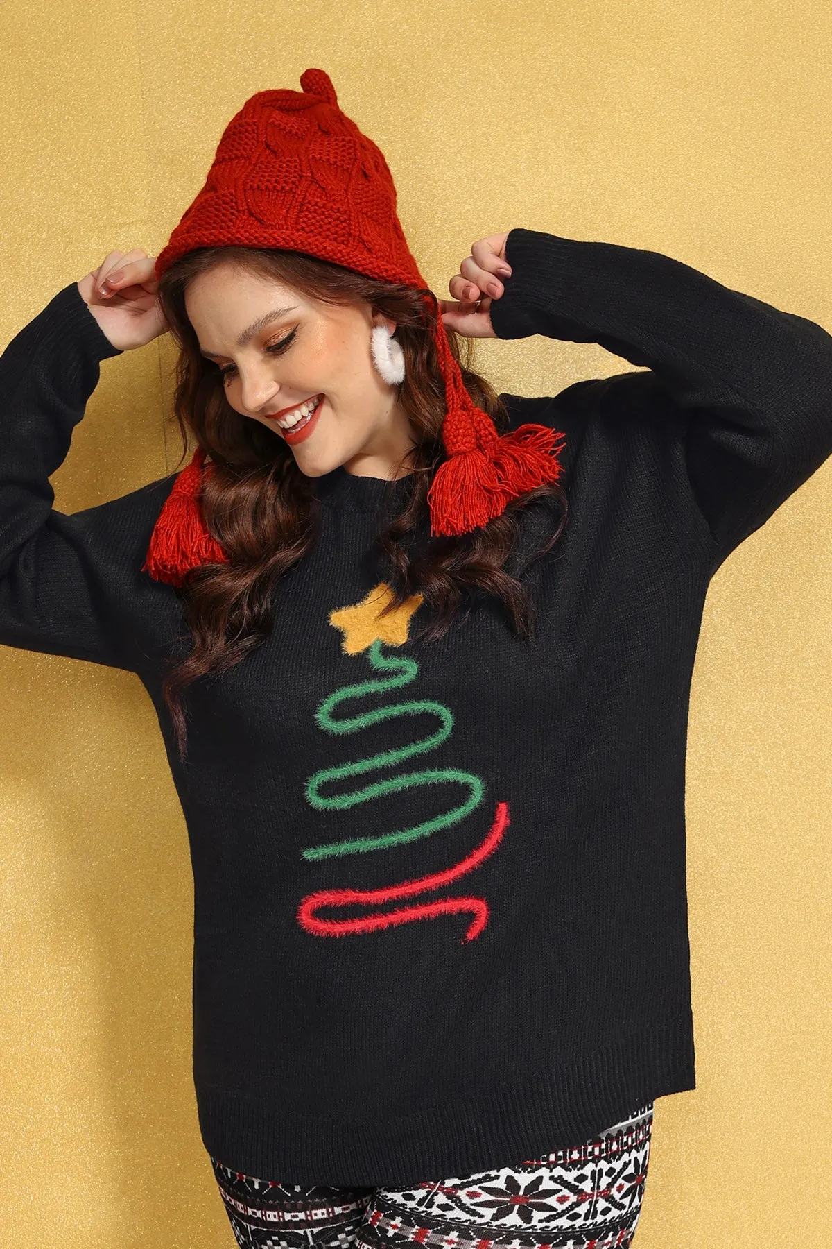 Christmas Lined Print Woolen Sweater