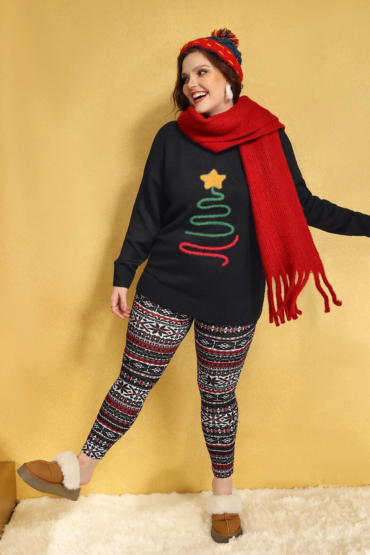 Christmas Lined Print Woolen Sweater