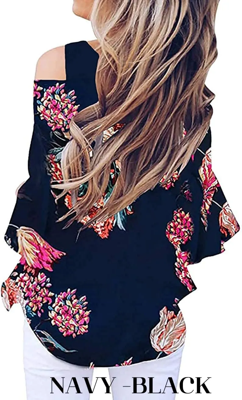 Chuanqi Womens Cold Shoulder Blouse Bell Sleeve Tie Knot Casual Summer Shirt Tops