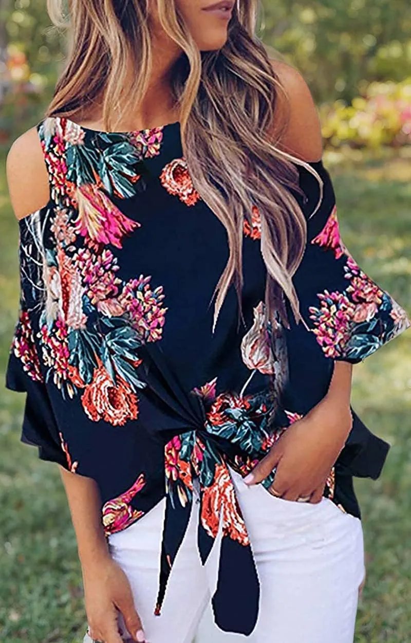 Chuanqi Womens Cold Shoulder Blouse Bell Sleeve Tie Knot Casual Summer Shirt Tops