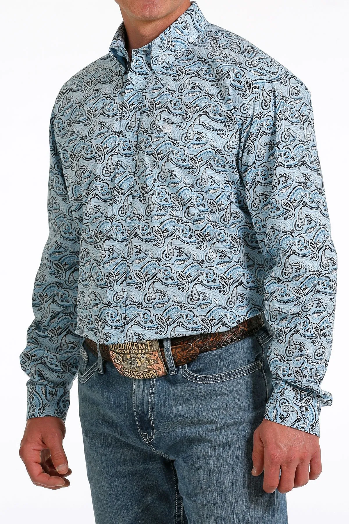 Cinch Men's Paisley Print Button-Down Shirt  - Light Blue/Black/White - MTW1105601