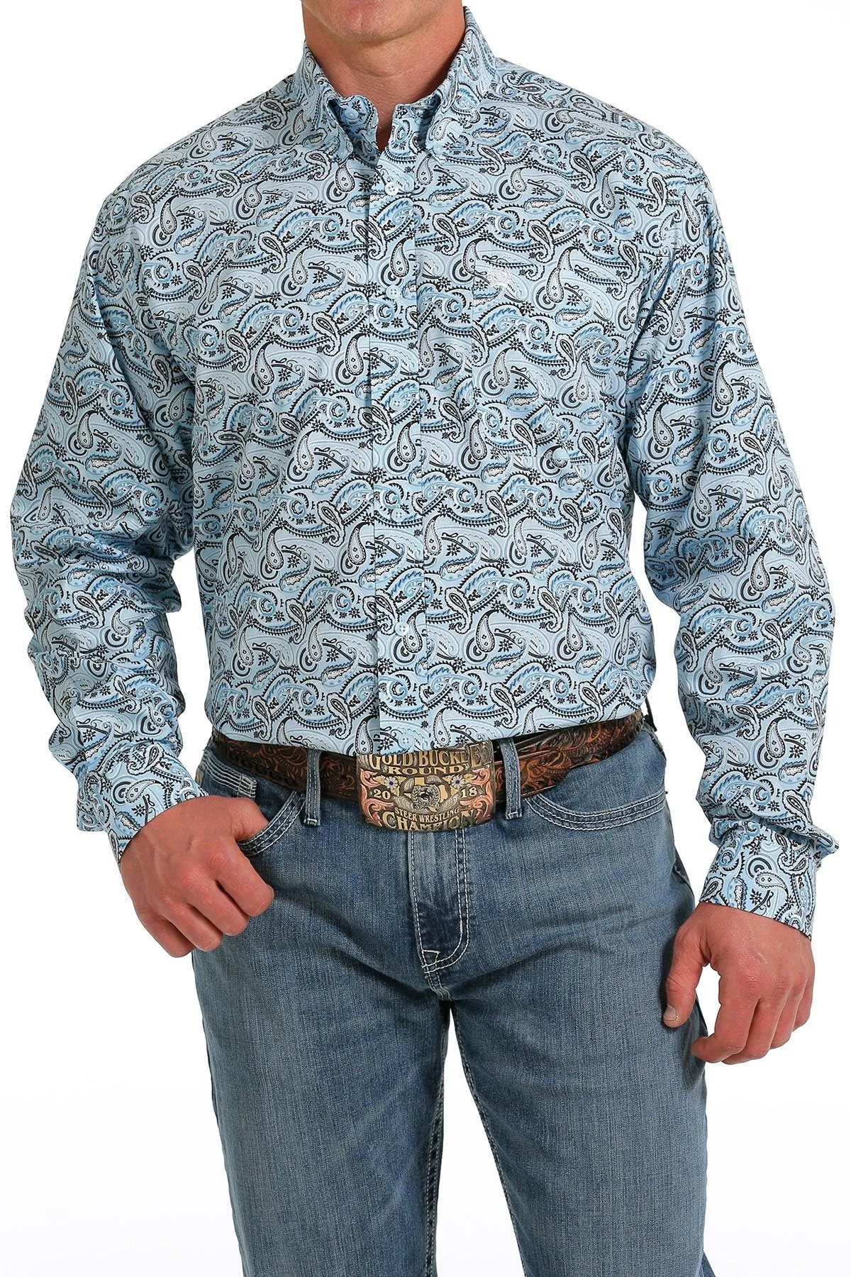 Cinch Men's Paisley Print Button-Down Shirt  - Light Blue/Black/White - MTW1105601
