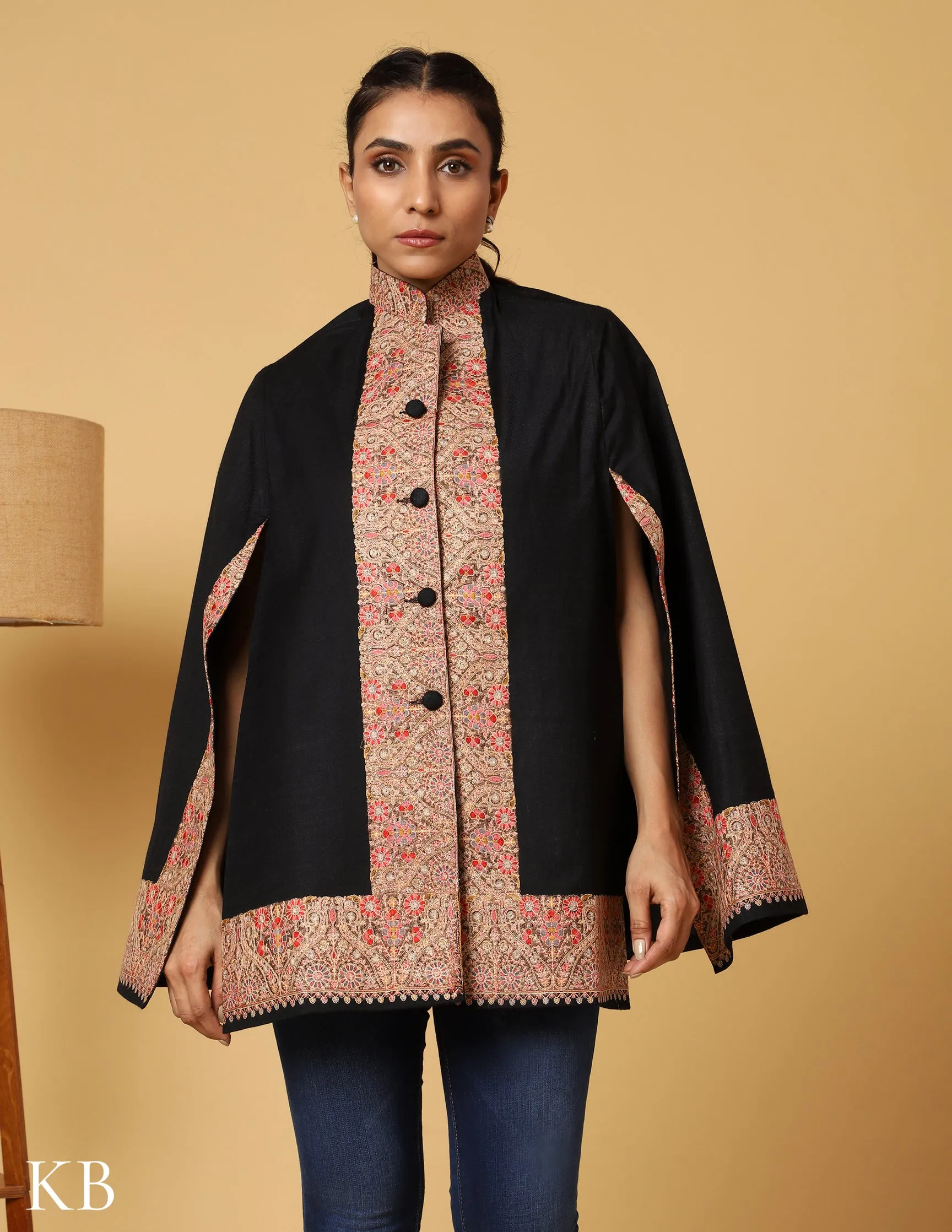 Coal Black Sozni Zari Woolen Cape Jacket