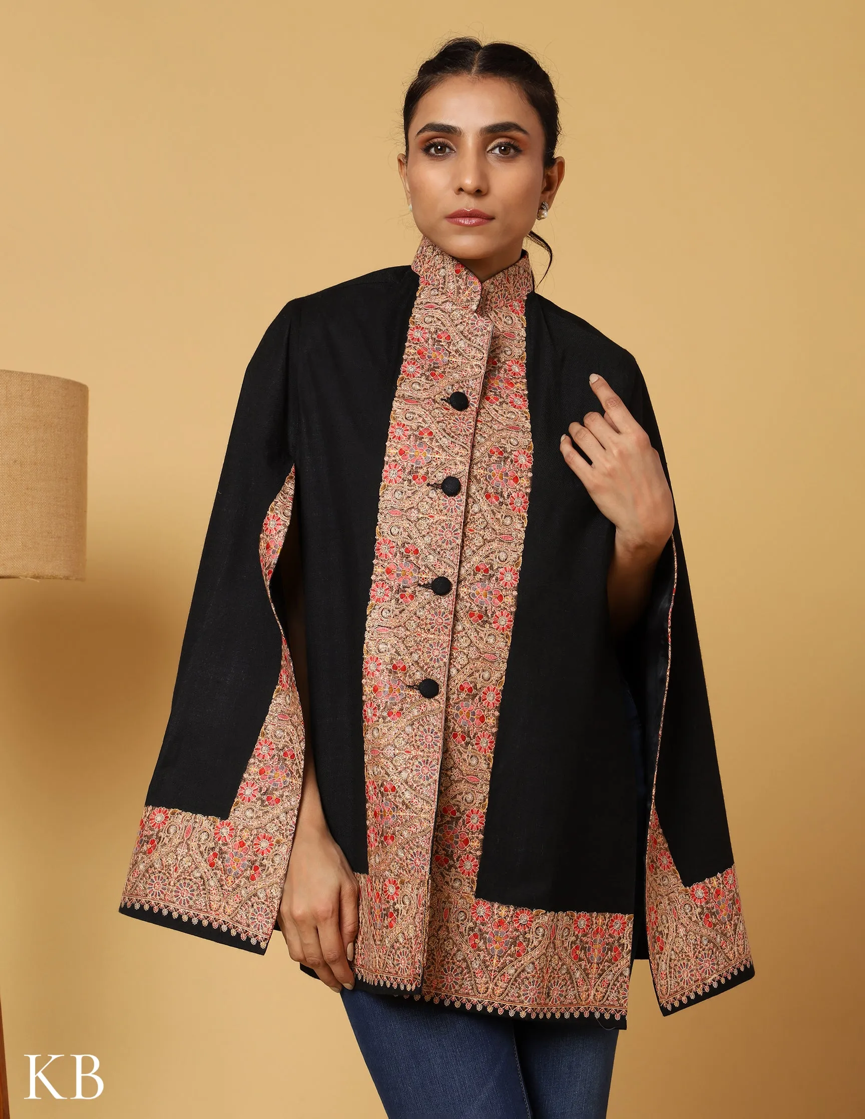 Coal Black Sozni Zari Woolen Cape Jacket