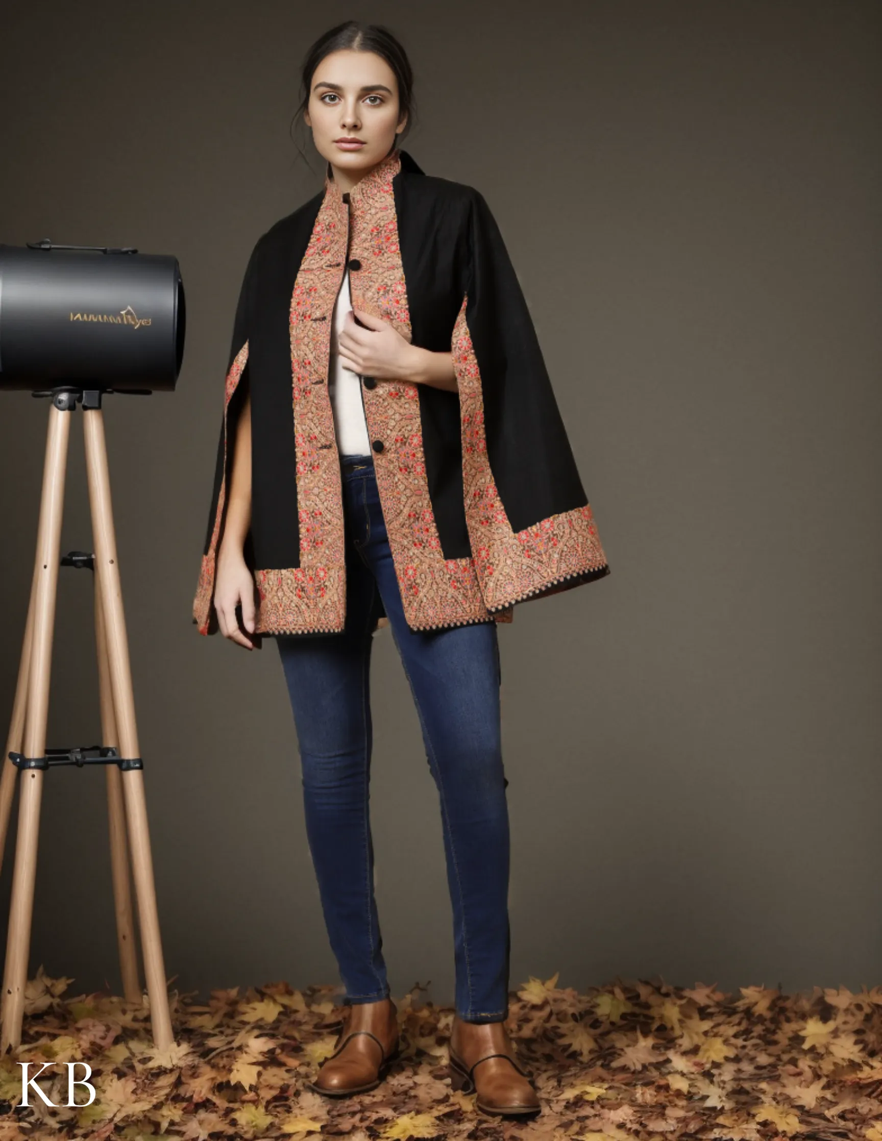 Coal Black Sozni Zari Woolen Cape Jacket