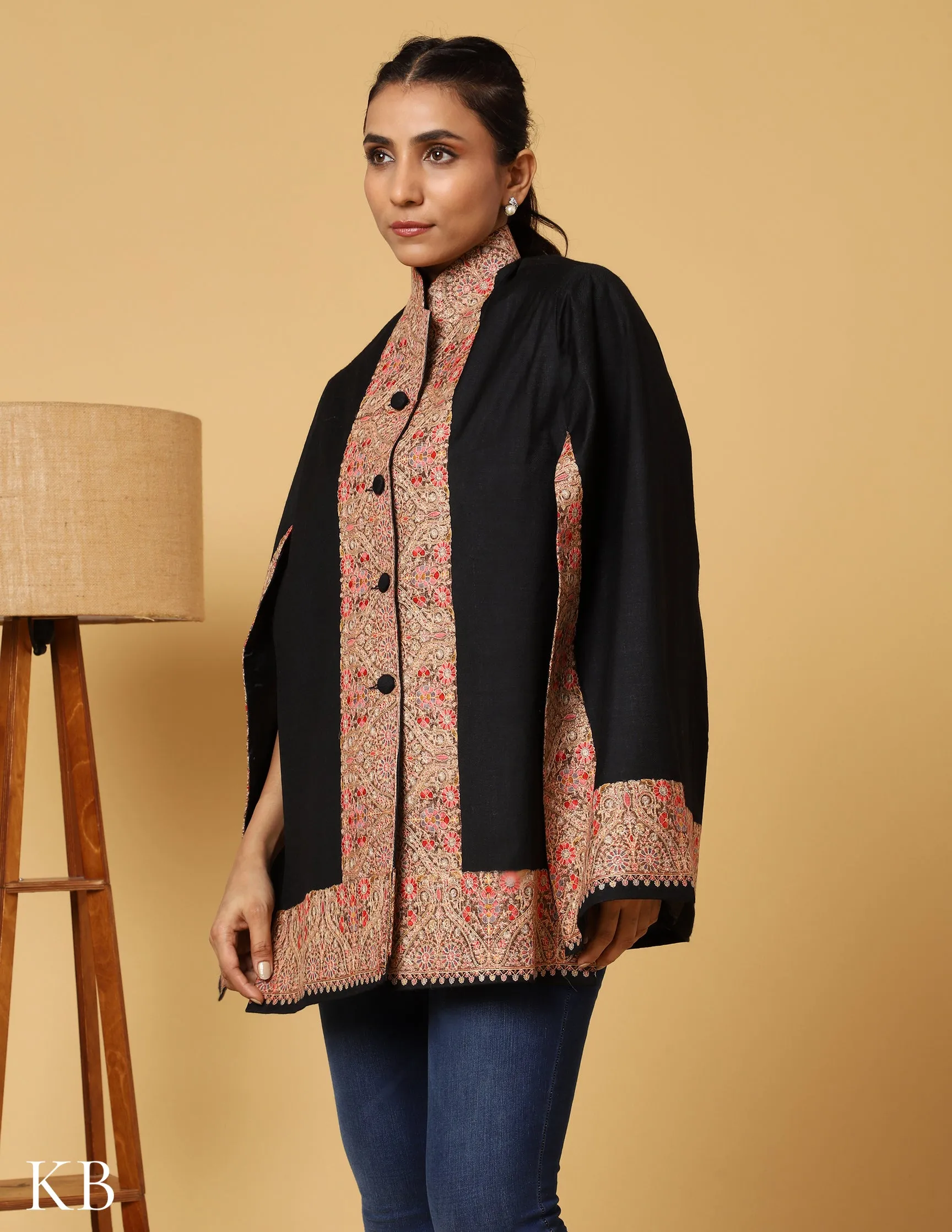 Coal Black Sozni Zari Woolen Cape Jacket