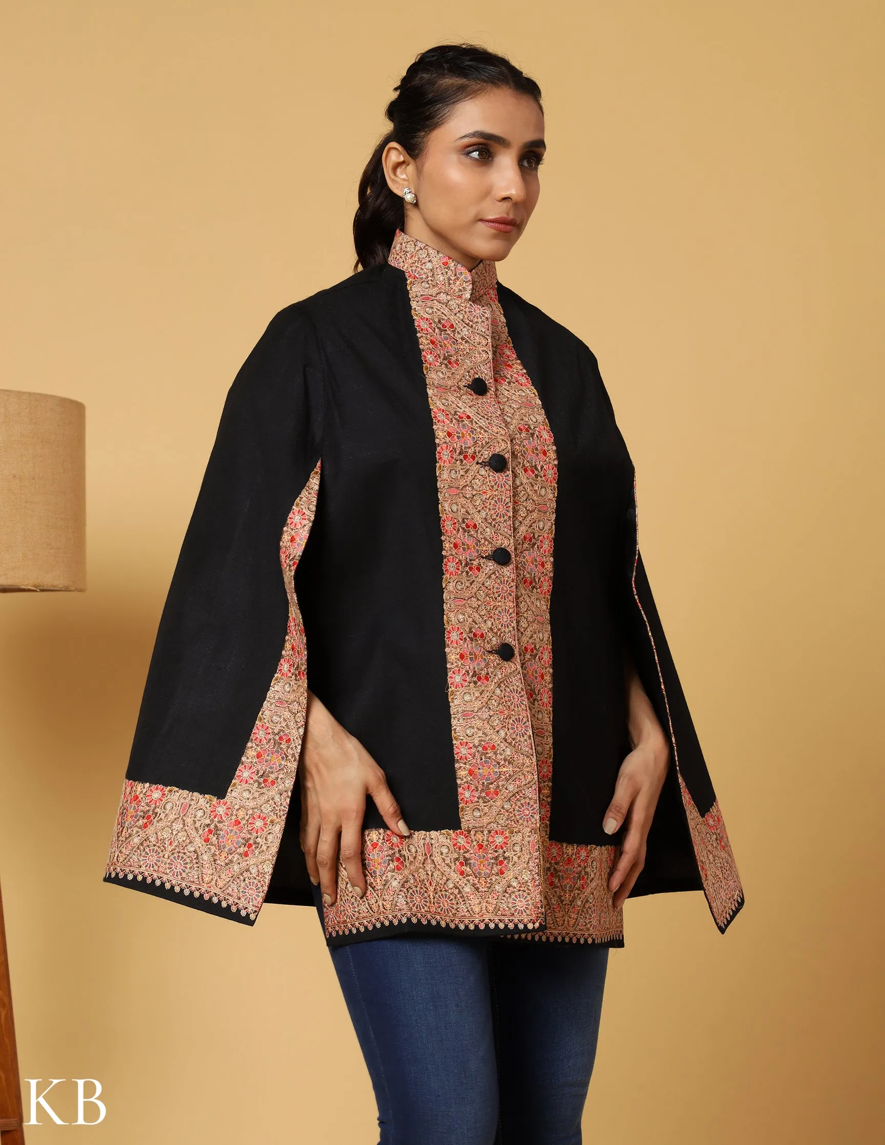 Coal Black Sozni Zari Woolen Cape Jacket