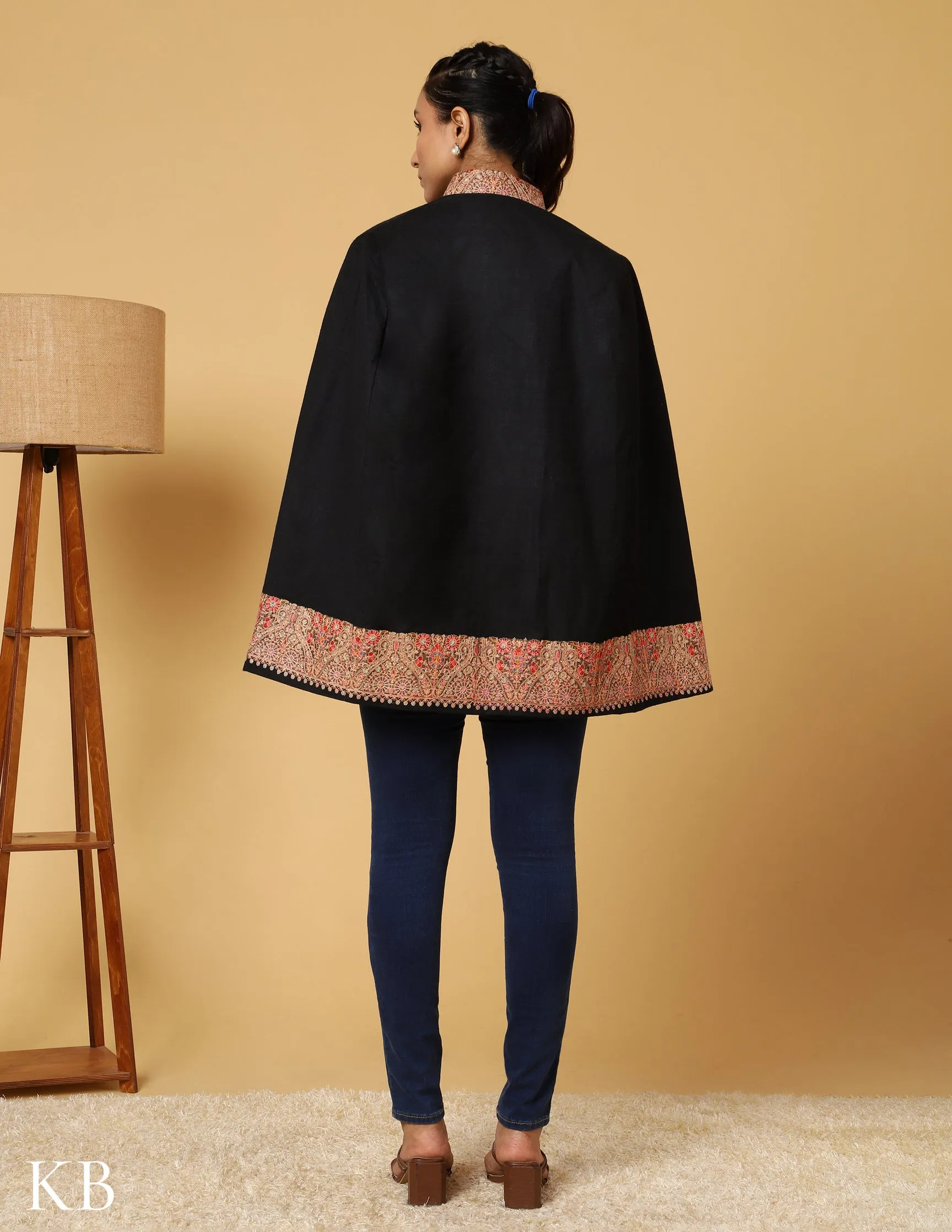 Coal Black Sozni Zari Woolen Cape Jacket