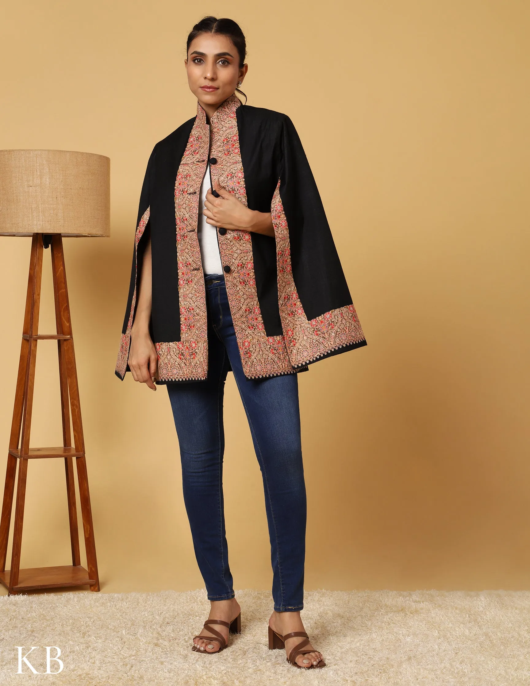 Coal Black Sozni Zari Woolen Cape Jacket
