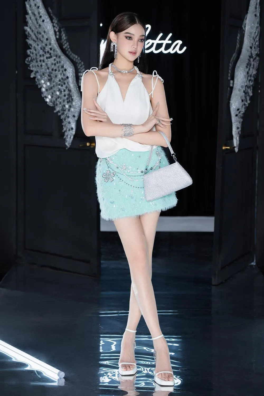Daris A-line Bead Faux Fur Mini Skirt