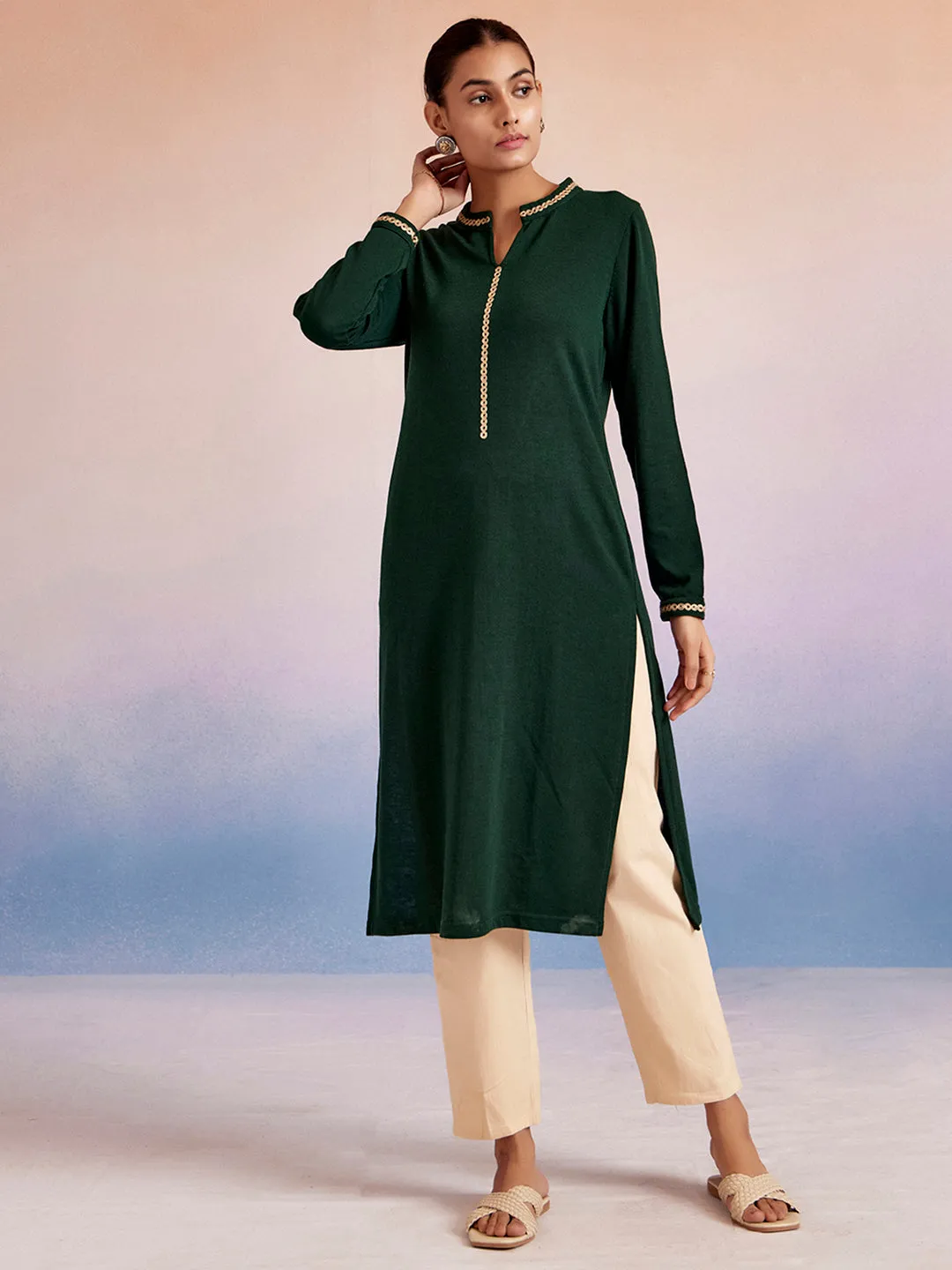 Dark Green Embroidered Straight Woolen Kurta
