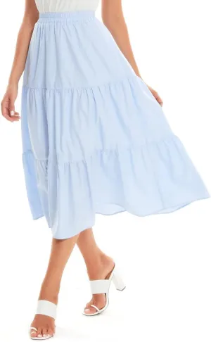 DIASHINY Women's High Waist Elastic Waist A Line Solid Pleated Tiered Long Skirt