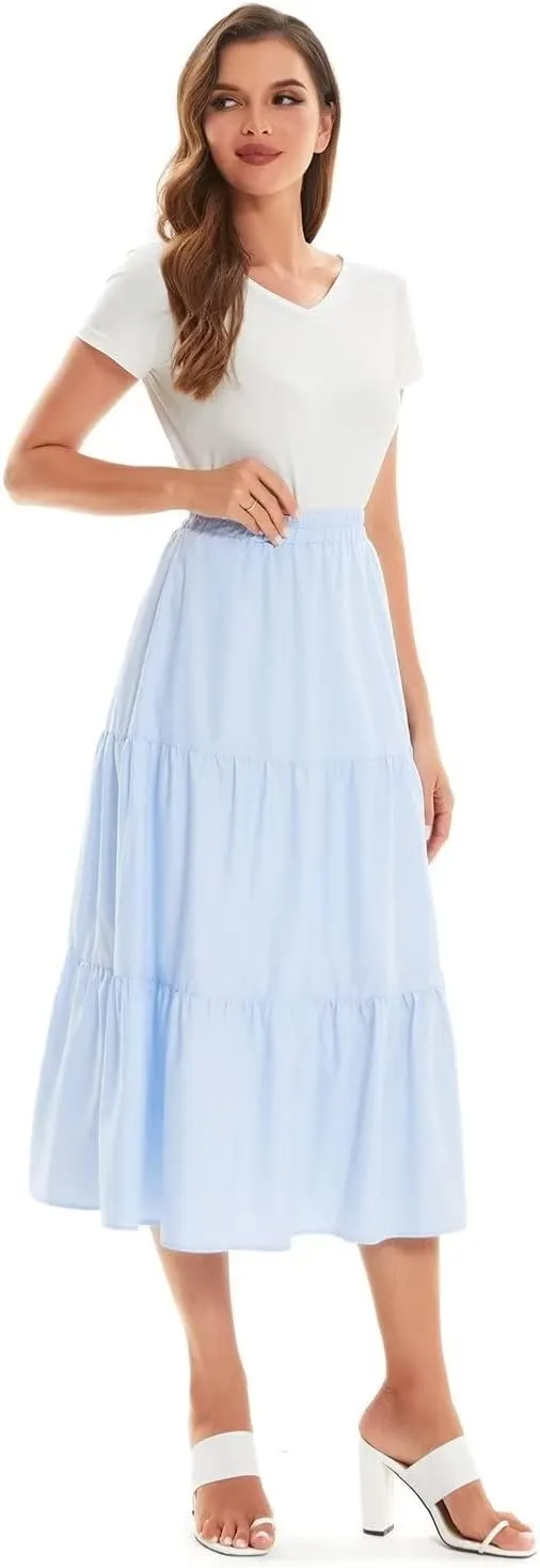 DIASHINY Women's High Waist Elastic Waist A Line Solid Pleated Tiered Long Skirt