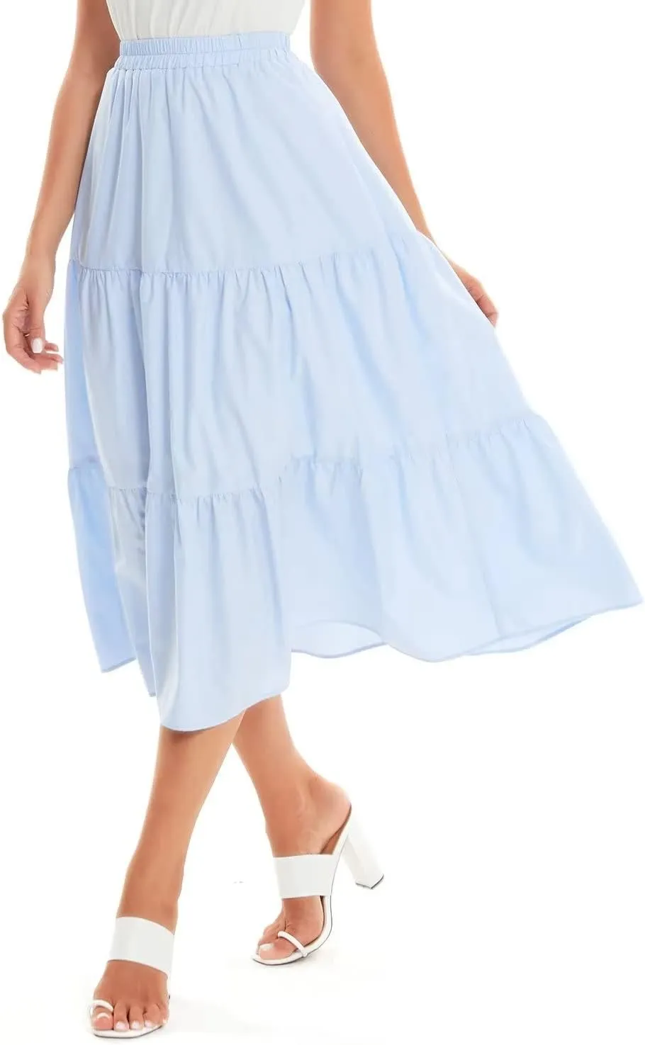 DIASHINY Women's High Waist Elastic Waist A Line Solid Pleated Tiered Long Skirt