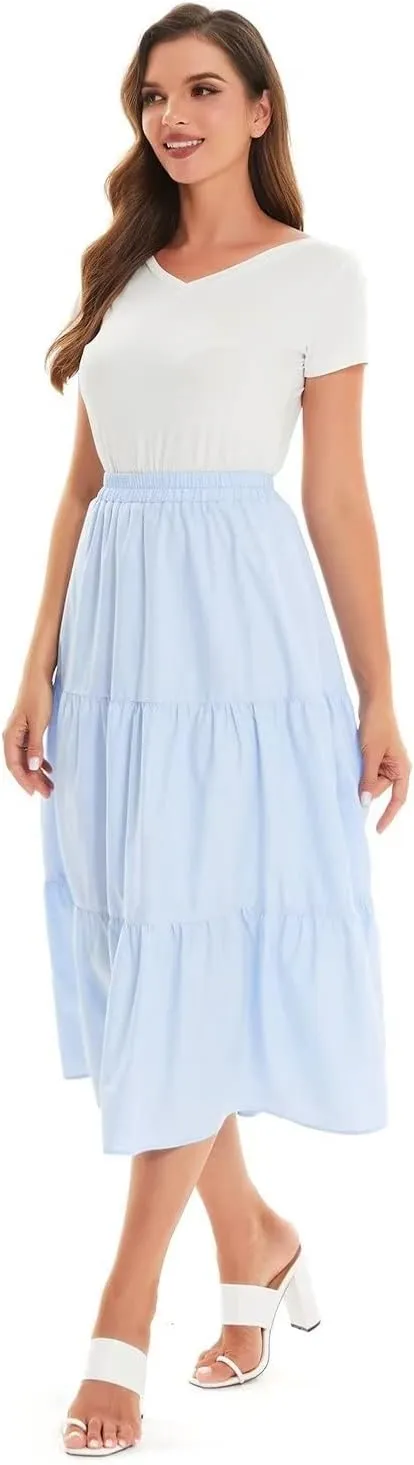 DIASHINY Women's High Waist Elastic Waist A Line Solid Pleated Tiered Long Skirt