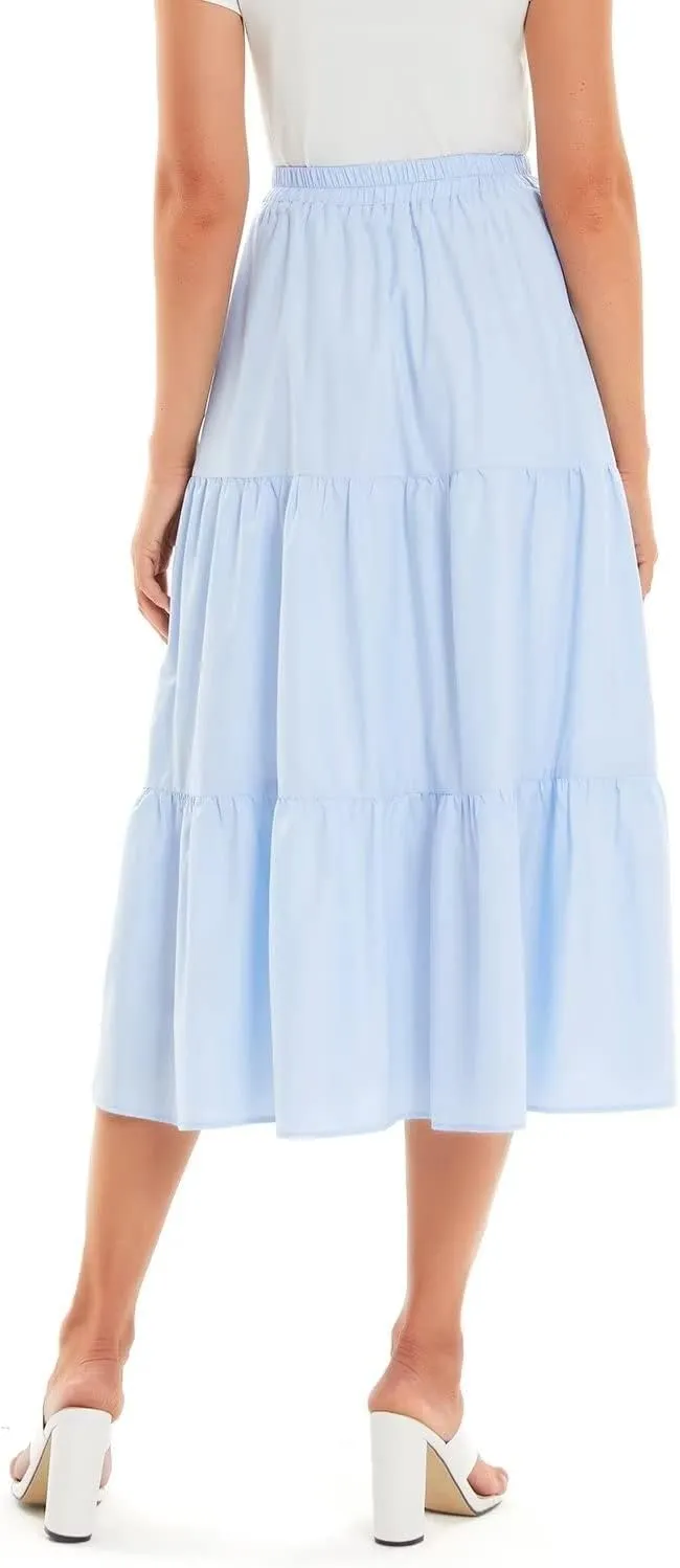DIASHINY Women's High Waist Elastic Waist A Line Solid Pleated Tiered Long Skirt