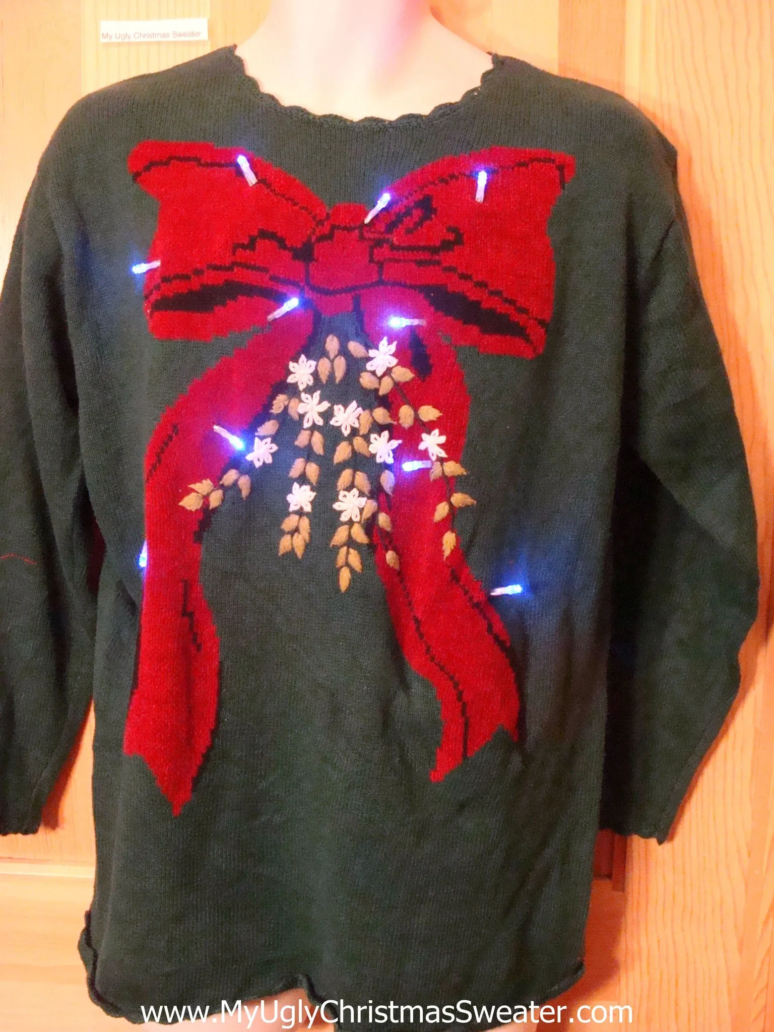 Funny Christmas Sweater with Lights 80s Red Bow