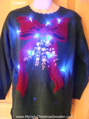 Funny Christmas Sweater with Lights 80s Red Bow