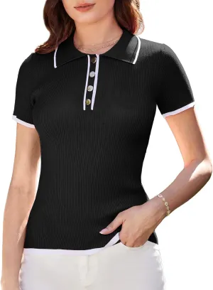 GRACE KARIN Women's Short Sleeve Sweaters Tops Polo V Neck Ribbed Knit Pullover Business Shirts 2025 Summer Outfits