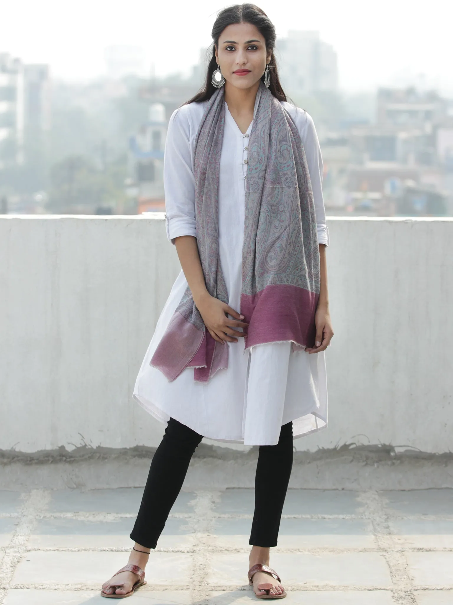 Grey Pink Sky Blue Pure Cashmere Wool Jamavar Stole  - S200579