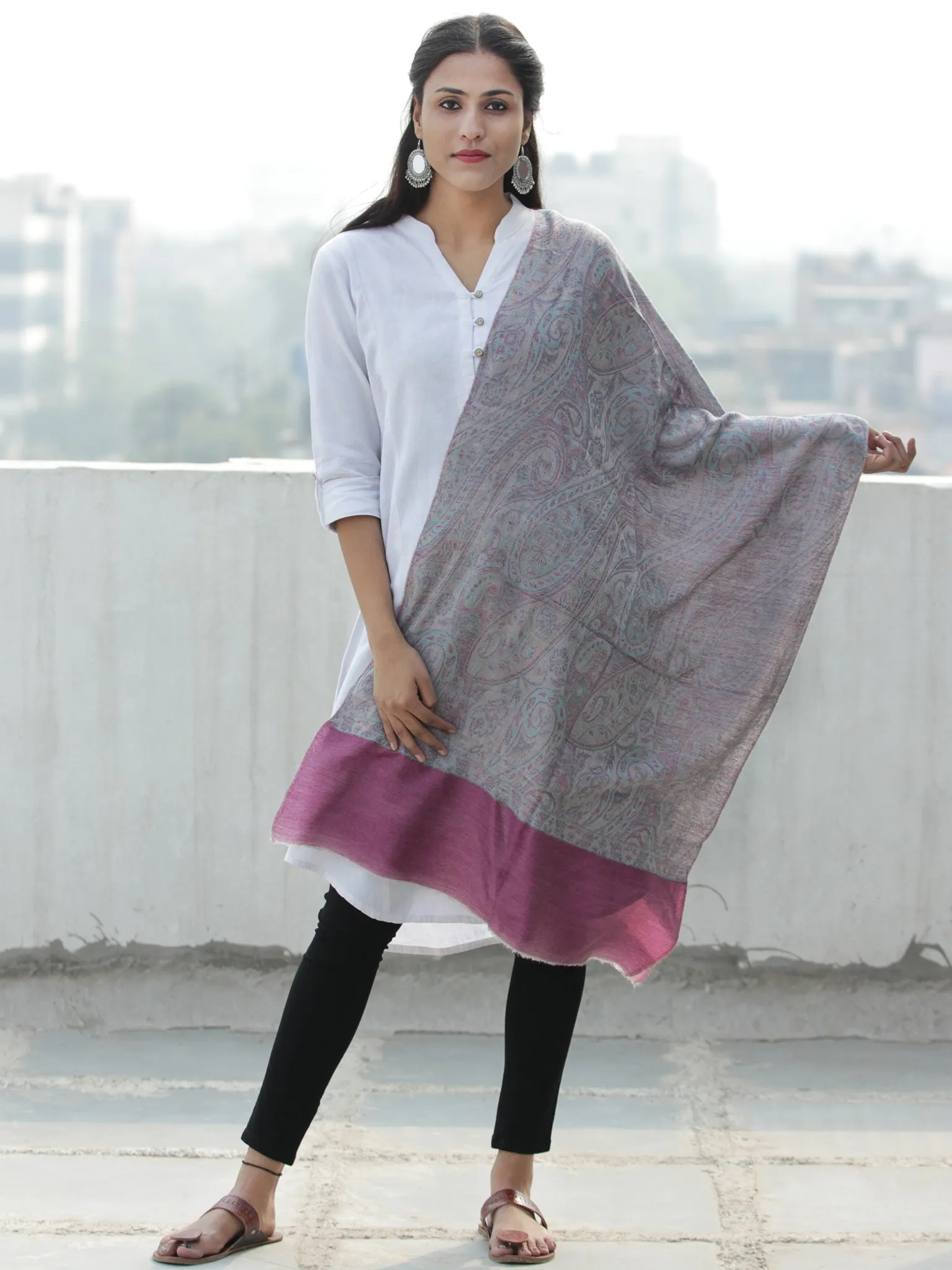 Grey Pink Sky Blue Pure Cashmere Wool Jamavar Stole  - S200579