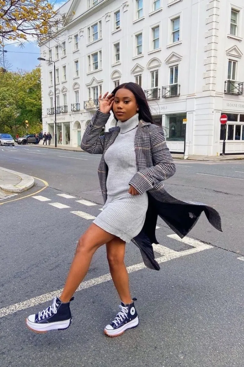 Grey Roll Neck Knitted Mini Dress