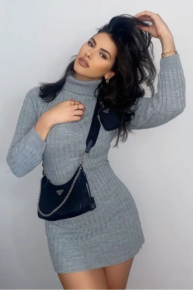 Grey Roll Neck Knitted Mini Dress
