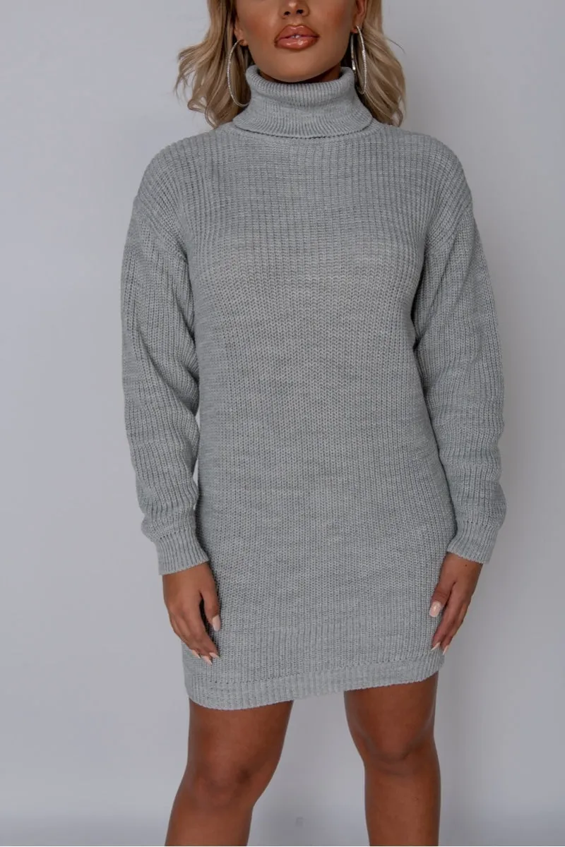 Grey Roll Neck Knitted Mini Dress