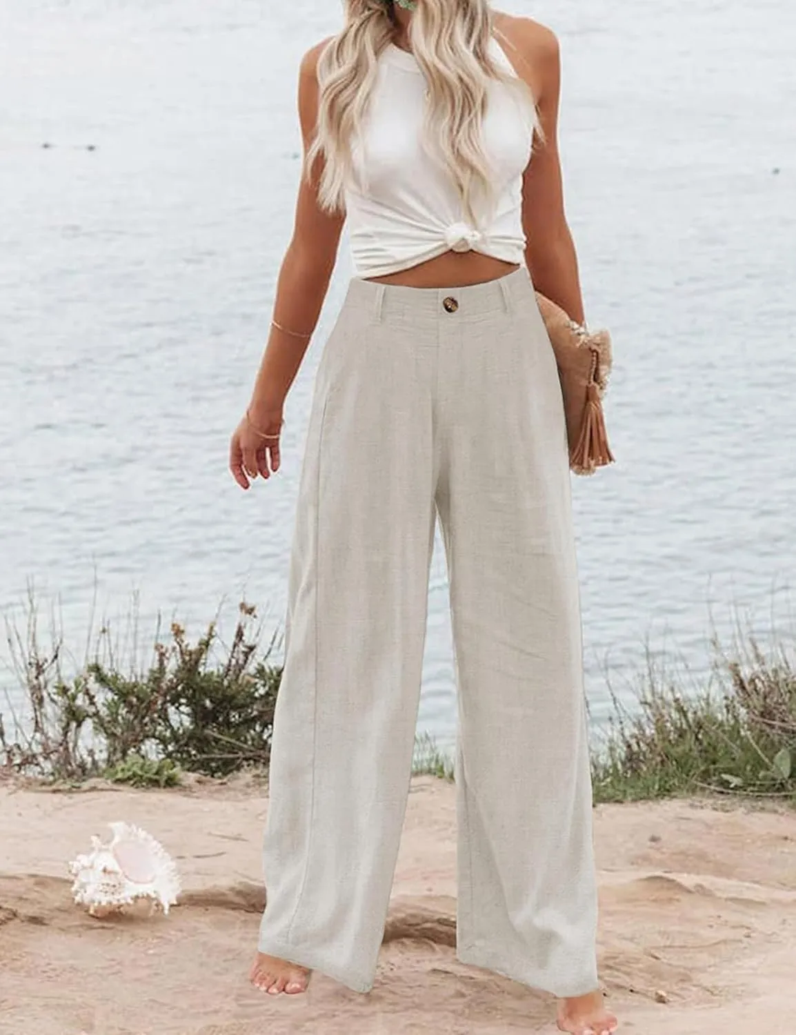 Himosyber Women's Casual Pants High Elastic Waisted Button Down Straight Long Trousers