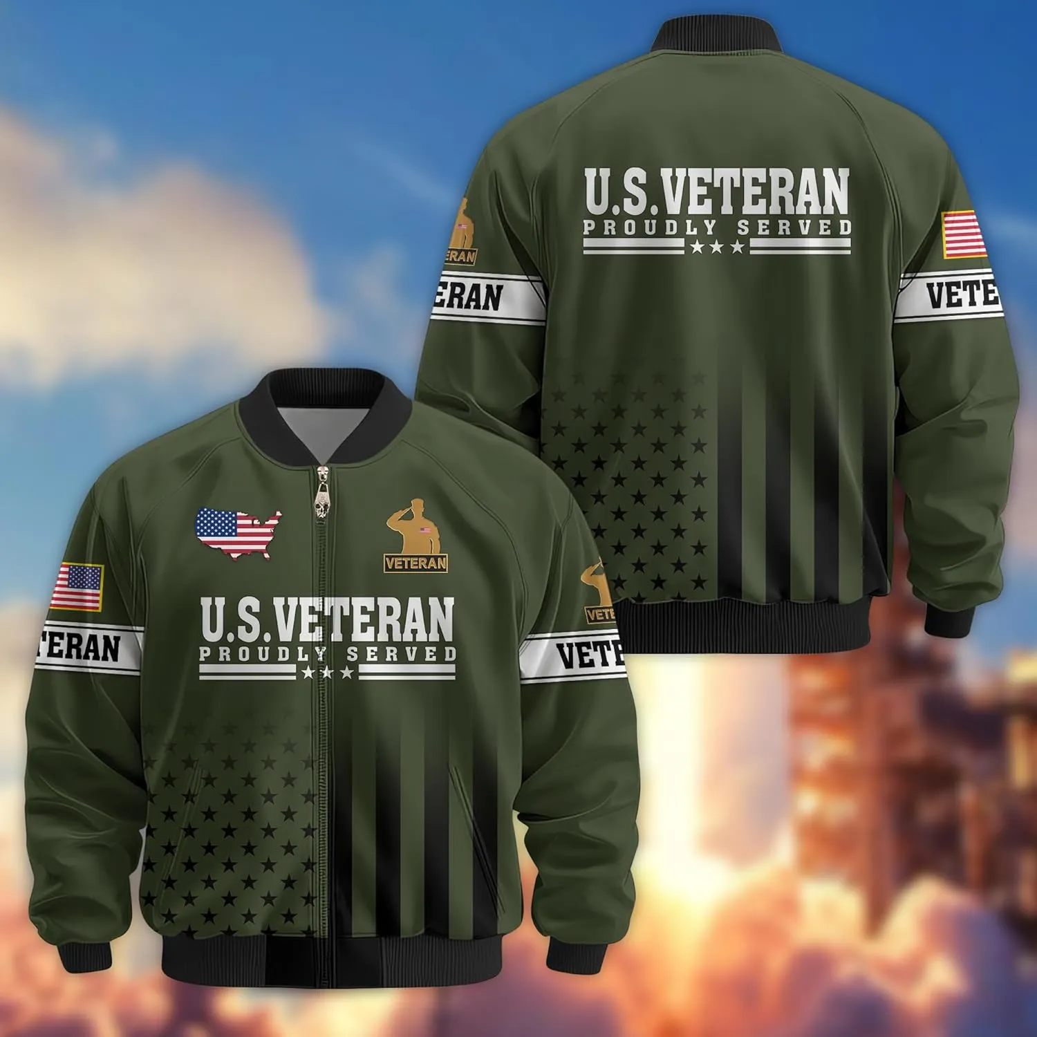Honoring Patriotic Varsity Bomber Jacket for Veterans, Military Style Mens Outdoor Jacket  Perfect Veterans Day Gifts