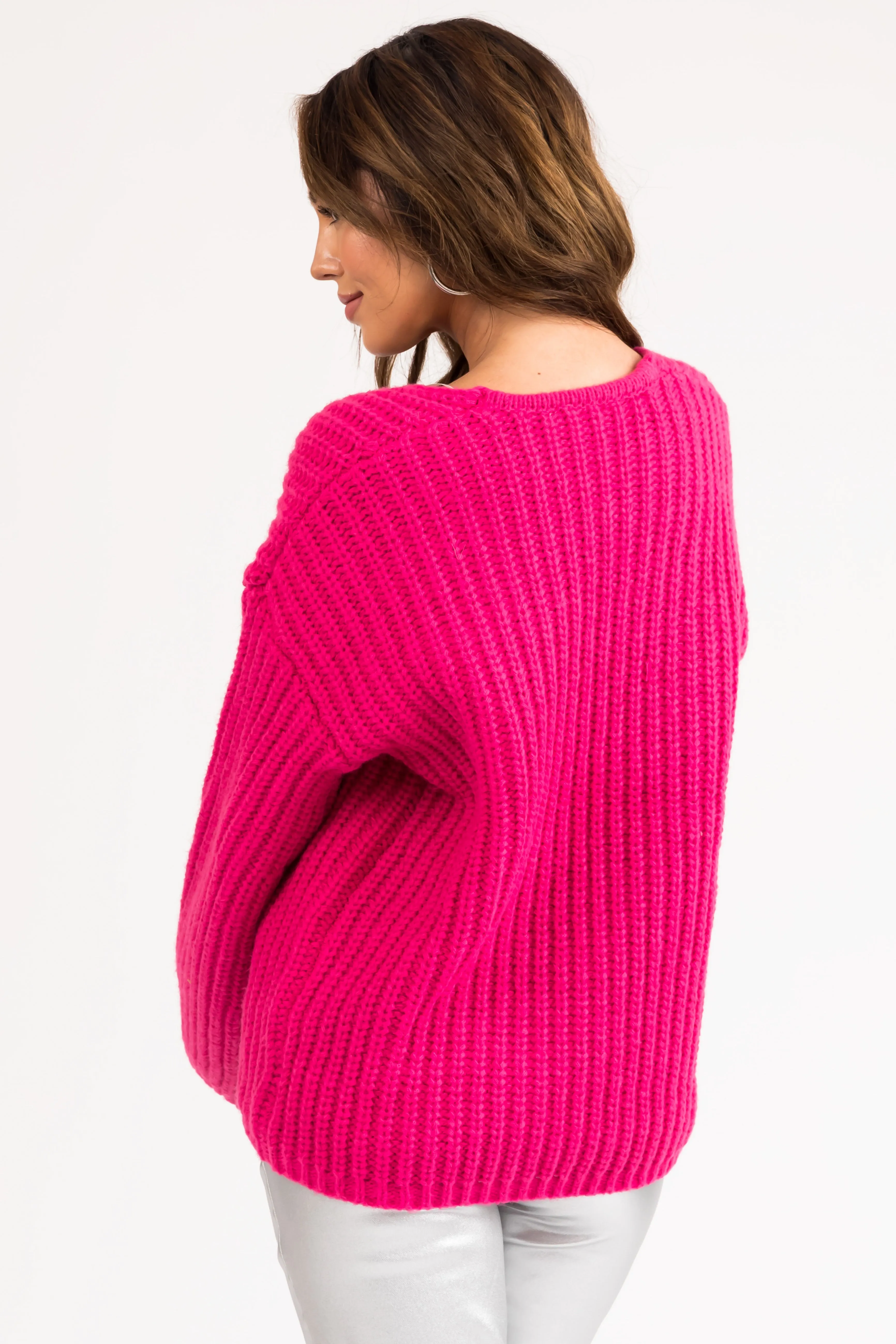 Hot Pink V Neck Cozy Thick Knit Sweater
