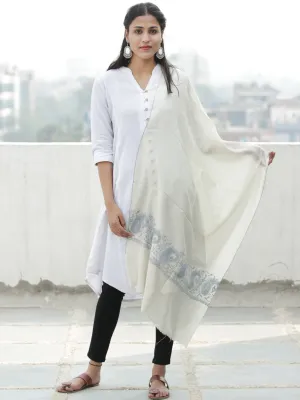 Ivory Blue Needle Embroidered Cashmere Fine Wool Kashmiri Stole - S200601